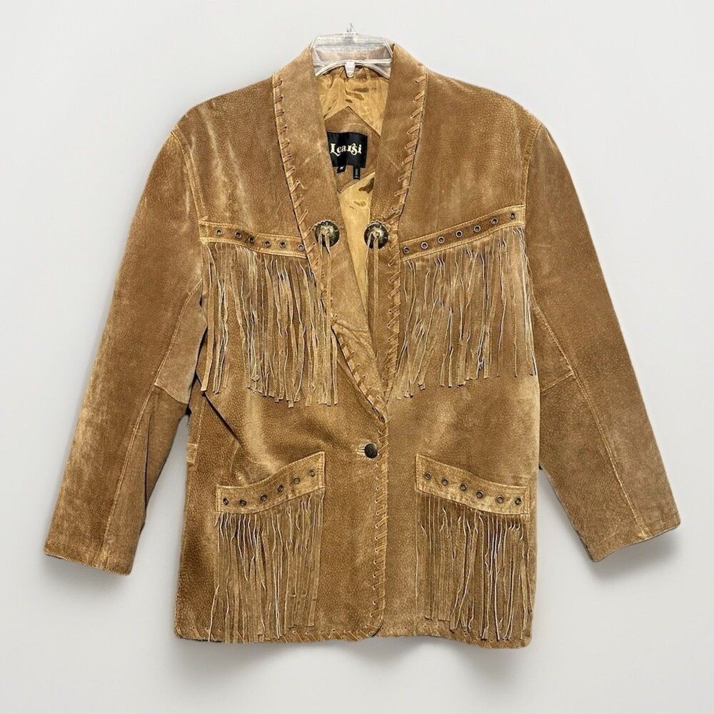 VTG Fringe Leather Jacket Sz M Unisex Rockabilly Western Frontier Reenactment